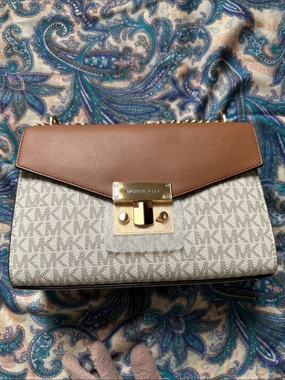Michael Kors Brown Leather Trim Monogram Shoulder Bag with Gold Hardware